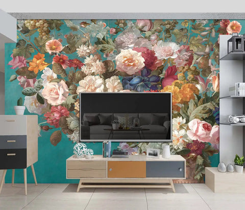 Pink Peony Floral Wallpaper Mural For Girls Bedroom, Botanical Rose Leaves Wall Decor, Large 137 By 96 Inch Fabric Backdrop in Living Room