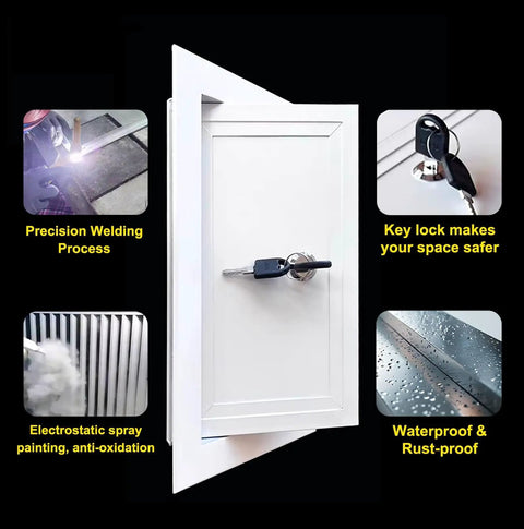 Heavy Duty Drywall Access Panel With Keyed Cylinder Lock, showing key lock, waterproof finish, and precision welding features.