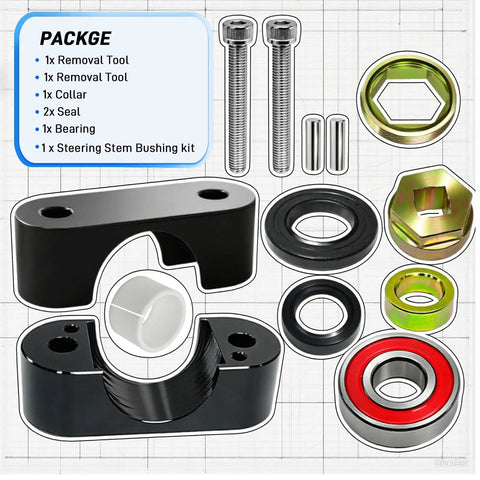 Components of Beefed Up Steering Stem Bushing Collar Bearing Seal And Holder Nut Tool Kit For Yamaha ATV Models