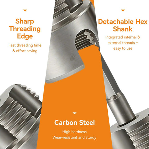 Professional PPR Pipe Threading And Reaming Tool Kit Compatible With Electric Drill For 1/2 3/4 And 1 Inch PVC Plumbing Pipe showing sharp threading edge and carbon steel material.