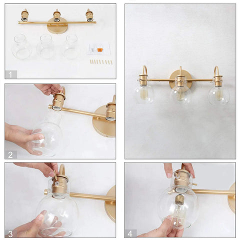 Gold 3 Light Vanity Light Fixture Over Mirror With Globe Clear Glass Shades shown in assembly process