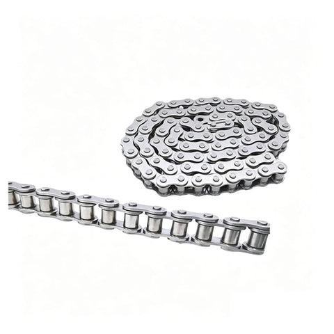 Top Shelf 304 Stainless Steel Short Pitch Roller Chain For Smoother Transmission and Rust Free Long Lasting Performance In All Kinds Of Heavy Duty Industrial Machinery and Equipment With Steady Power Transfer, displaying linked chain sections.