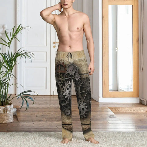 Stylish Steampunk Industrial Aged Human Heart Rusty Metal Gears Pajama Pants Medium displayed on a man in a home setting.