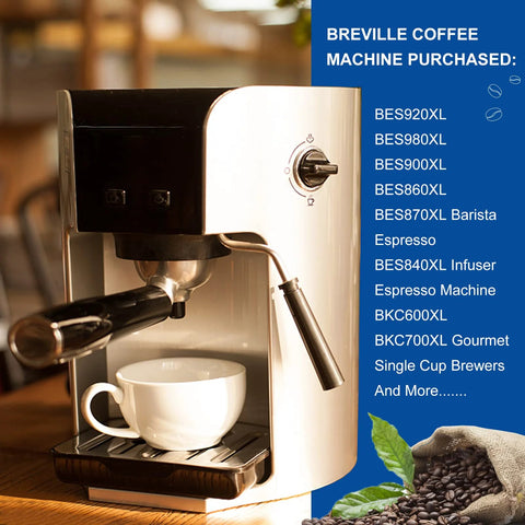 Breville espresso machine with portafilter and white cup on drip tray; blue banner lists models beside coffee beans.