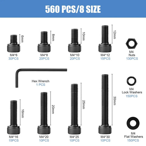 M4 Screw Assortment Kit With 130 M4 Screws And 130 Nuts, 300 Washers, Hex Socket Head Cap Bolts, Black Zinc Plated And Anti Rust