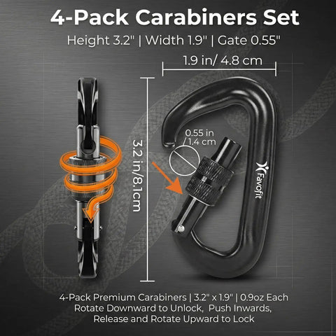 Beefy 12kN Heavy Duty Carabiner Clips with ultralight screw lock design for secure everyday use, 4-pack dimensions shown