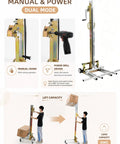 Heavy Duty Manual Lifting Stacker For Easy Cabinet Install And Material Handling With Smooth Rolling Wheels To Move Loads Up To 80kg, manual and power modes.