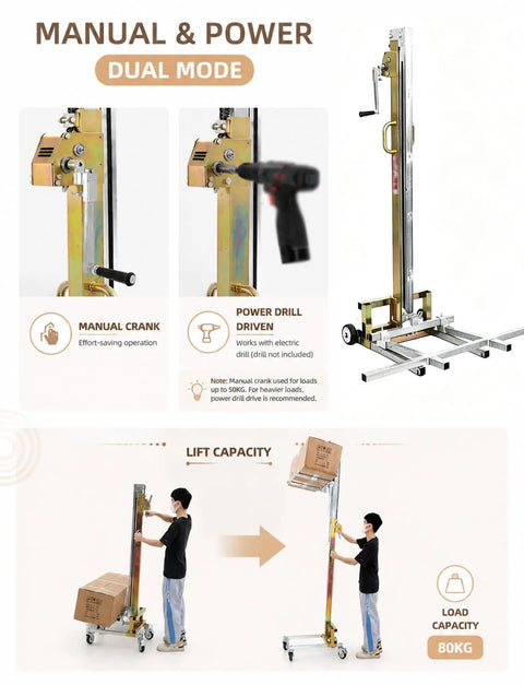 Heavy Duty Manual Lifting Stacker For Easy Cabinet Install And Material Handling With Smooth Rolling Wheels To Move Loads Up To 80kg, manual and power modes.