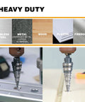 Jerax Tools M2 HSS quick-change step drill bit, 3/16 to 7/8 in, double-fluted for drilling metal, wood and plastic.