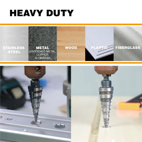 Jerax Tools M2 HSS quick-change step drill bit, 3/16 to 7/8 in, double-fluted for drilling metal, wood and plastic.