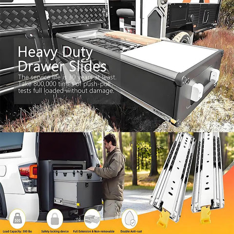 16-Inch Full Extension Drawer Slides With 500 LB Capacity, shown in a truck application, side mount ball bearing rails.
