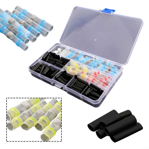 Solder Seal Wire Connectors Kit 50 Pack Heat Shrink Waterproof Solder Sleeves One Step Installation No Crimp Tools Needed Fast Secure Electrical Connections For All Weather Use. Assorted color-coded connectors in storage case