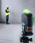 Boss Class 12V Max Three Plane Green Beam Laser Level in use with worker, showcasing green laser lines for precise alignment.