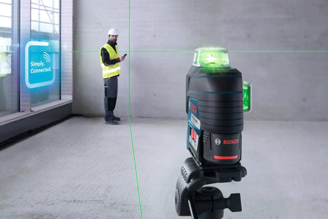 Boss Class 12V Max Three Plane Green Beam Laser Level in use with worker, showcasing green laser lines for precise alignment.