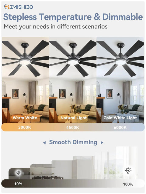 65 Inch Ceiling Fan With Lights And Remote Black Finish With Dimmable 3000K To 6000K Color Temperature Display in Three Settings
