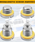 4 Pack Lower Unit Oil Drain Plugs For Outboard Gear Case With Three Eighths Inch By Sixteen Threads Magnetic And Non Magnetic Screws Gaskets Included Replaces 79953Q04 And 8M0058389 Durable Stainless Steel, showing four stainless steel plugs with yellow gaskets