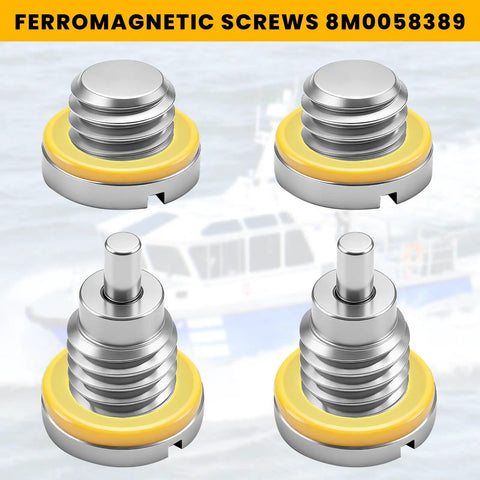 4 Pack Lower Unit Oil Drain Plugs For Outboard Gear Case With Three Eighths Inch By Sixteen Threads Magnetic And Non Magnetic Screws Gaskets Included Replaces 79953Q04 And 8M0058389 Durable Stainless Steel, showing four stainless steel plugs with yellow gaskets