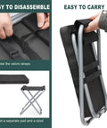 2 In 1 All In One Garden Kneeler Pad And Folding Stool, showing folded stool with black foam cushion, disassembly and carrying details.
