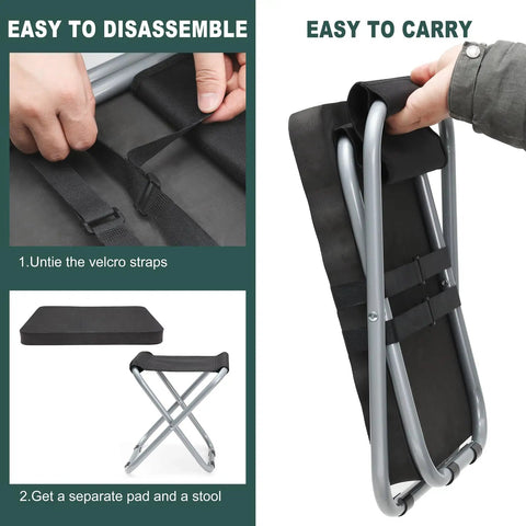 2 In 1 All In One Garden Kneeler Pad And Folding Stool, showing folded stool with black foam cushion, disassembly and carrying details.