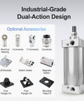 Pneumatic Air Cylinder SC 125 x 200 Double Acting With Single Rod 4.92 Inch Bore, accessories shown, industrial-grade design.