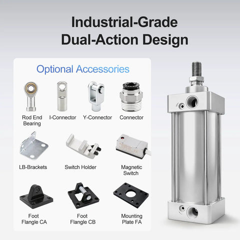 Industrial Pneumatic Air Cylinder 3.94 Inch Bore 9.84 Inch Stroke Double Acting With Single Rod and Accessories