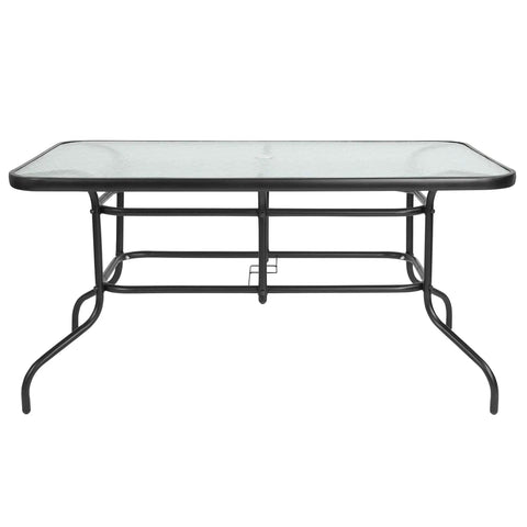 Modern Rippled Glass Outdoor Dining Table With Umbrella Hole, Rectangular 31.5 Inch By 55 Inch, Tempered Glass Top, Black Metal Frame