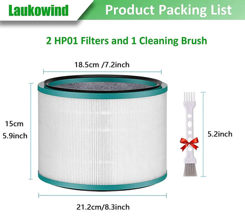 2 Pack Replacement Air Purifier Filters For HP01 HP02 DP01 Desk Purifiers Compatible With Part 968125-03 shown with dimensions and brush