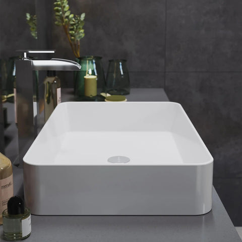 24 Inch Rectangle Ceramic Vessel Sink for Above Counter Install, Slick Modern Look, Scratch Resistant Non Porous Ceramic