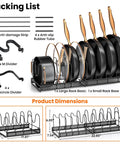 Zero Hassle Expandable Pot And Pan Lid Organizer Rack For Kitchen Cabinets showing packing list and dimensions with dividers and rack bases.