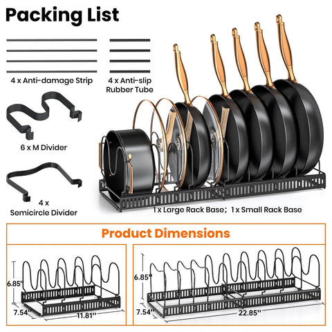 Zero Hassle Expandable Pot And Pan Lid Organizer Rack For Kitchen Cabinets showing packing list and dimensions with dividers and rack bases.