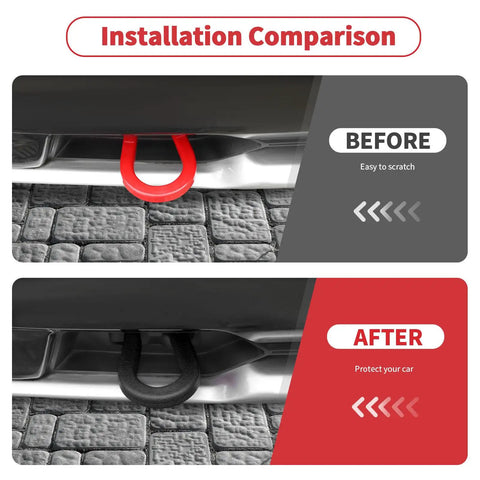 Installation comparison of tow hook cover for Chevy Silverado 1500 2019 2026 and Suburban Tahoe Z71 2021 2025.