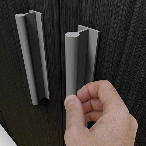 Peel And Stick Finger Pull Handles For Kitchen Drawers Zero Drill Installation Hassle Free Screwless Cabinet Knobs in use on wooden cabinet.