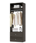 Straight Up Game Changing Modular Closet Organizer With Two Drawers And Extra Shelf For Hanging Short Garments And Folded Fits In Heavy Duty Grey Frame, featuring hanging clothes and drawer storage.