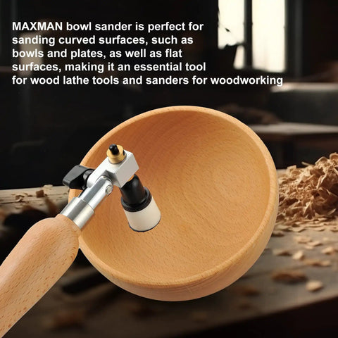All-in-One Bowl Sander Kit with 1-Inch and 2-Inch Sanding Blocks, showing a wood bowl being sanded with a wooden handle tool