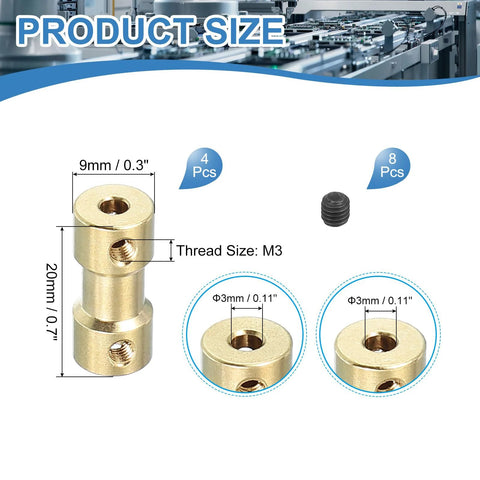 Brass shaft coupling joint 3mm to 3mm, 4-piece set with M3 screws for RC cars/airplanes.
