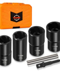 Lug Nut Removal Kit With Six Piece Extractor Set One Half Inch Drive Locking Lug Nut Removers For Damaged Frozen Rounded Off Bolts And Nuts Rusted Studs And Screws Heavy Duty Wheel Repair Like A Pro in orange case with four extractors.
