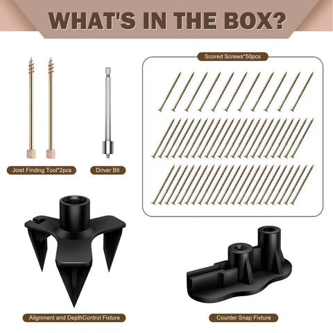 Contents of Floor Squeak Fix Kit With 5 Tools And 50 Notch Screws For Squeaky Hardwood Floors Under Carpet, featuring screws and tools