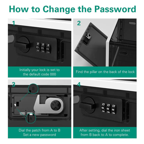 Instructions for changing the password on a Lockable Medication Storage Box With Code For Medicine And Personal Items Ideal For Dorm Home Or Office Keeps Meds And Phone Safe From Kids Fridge Black, showing combination lock and reset process in four steps.