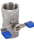 Rock Solid 3/4 Inch Stainless Steel Ball Valve With Female Thread Pipe Fitting For Water And Gas Lines, close-up view with blue handle.
