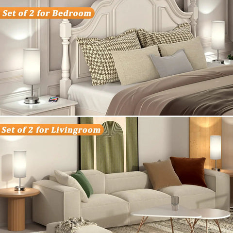 Three Way Dimmable Touch Lamps For Bedrooms Set Of 2 With USB C Ports And Outlets, Modern Grey Nightstand Lamps in bedroom and living room.