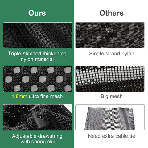 Comparison of heavy duty pump barrier bag for ponds with triple-stitched netting and adjustable drawstring next to other brands