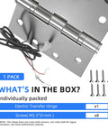 Heavy Duty 4 Wire Electric Transfer Hinge With Smart Hidden Wiring And Rock Solid Swings Perfect For High Traffic Security Doors Featuring Top Notch 304 Stainless Steel Build showing hinge, wires, and screws in packaging.