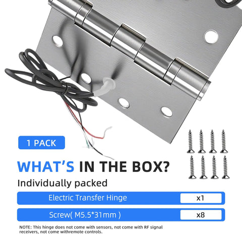 Heavy Duty 4 Wire Electric Transfer Hinge With Smart Hidden Wiring And Rock Solid Swings Perfect For High Traffic Security Doors Featuring Top Notch 304 Stainless Steel Build showing hinge, wires, and screws in packaging.