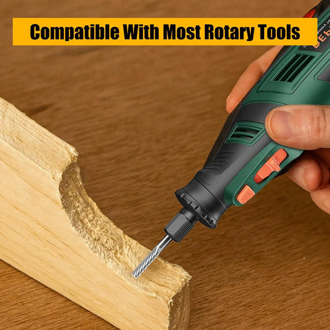 Pro Grade Tungsten Carbide Cutter For Die Grinder Kit in use on wood with 1/8 inch shank, shown with rotary tool compatibility