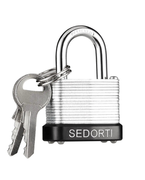 Tough As Nails Laminated Steel Padlock Set Pack Of 4 With 1-1/4 Inch Wide Body Keyed Alike Locks for gym lockers and luggage, front view