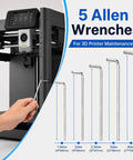 Top Shelf 3D Printer Tool Kit Featuring Slick Nozzle Cleaning Brushes And Heavy Duty Clog Poke Needles For Spotless Hotend Care and Hassle Free Daily Maintenance Gear with 5 Allen wrenches for maintenance.
