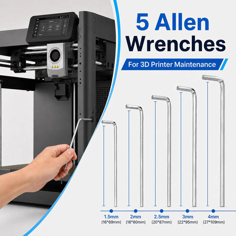 Top Shelf 3D Printer Tool Kit Featuring Slick Nozzle Cleaning Brushes And Heavy Duty Clog Poke Needles For Spotless Hotend Care and Hassle Free Daily Maintenance Gear with 5 Allen wrenches for maintenance.
