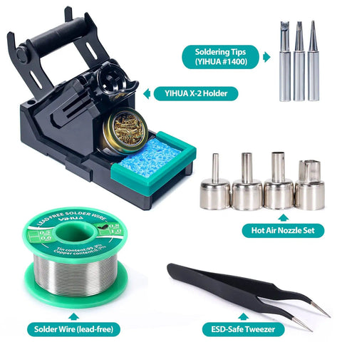 Pro Grade 2 In 1 Soldering Iron Station With Hot Air Rework And Sleep Mode accessories including tips and solder wire.