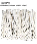 Must Have Ultimate SMD Resistor Kit From Zero Ohm To Ten Meg Ohm With Sixty Values One Percent Tolerance One Eighth Watt 0805 Chip Resistors Assortment Pack With 1500 Pieces For Prototyping DIY Electronics And Real World Projects showing white tape strips of 0805 resistors.