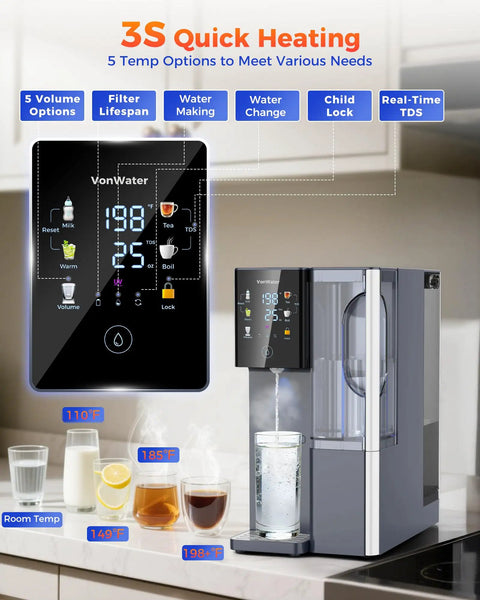 Compact Countertop Instant Hot And Cold Water Dispenser Featuring Premium Reverse Osmosis Filtration And A Slick Built In Tea Infuser For No Sweat Fresh Brews Whenever You Need A Quick Sip with digital controls and glass cups